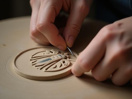 陶器の表面に昆虫のモチーフを彫刻で装飾している手元。