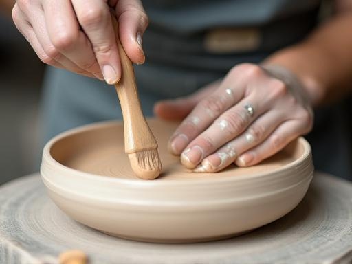 陶器に釉薬を丁寧に施している作業のクローズアップ。